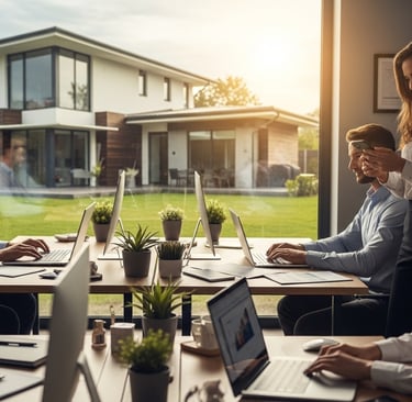 A bright and modern real estate brokerage office where a collaborative team of agents at work