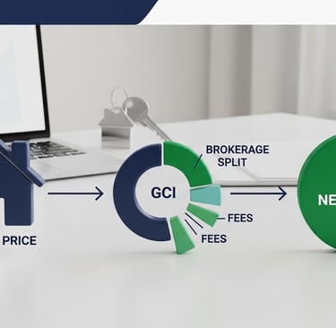 showing how Gross Commission Income (GCI) flows through the brokerage split and typical deductions