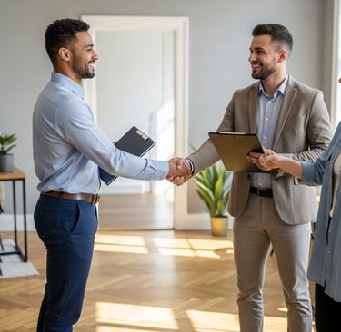 real estate agent meeting buyers in model home