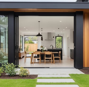 a modern open concept home with large windows and garden view