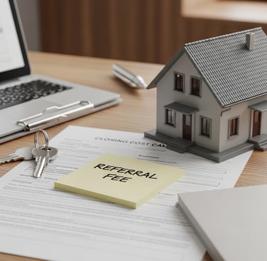 House model, keys, and closing cost documents with a note labeled referral fee on a desk