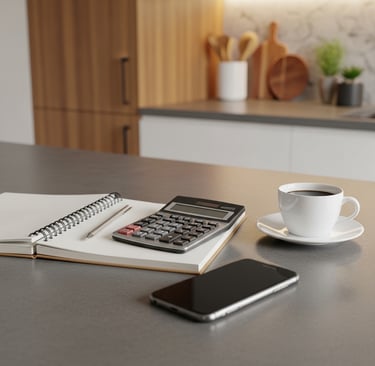 Calculator, notebook, coffee cup, and smartphone on a counter representing real estate calculations