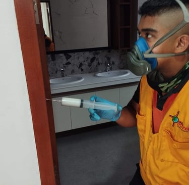 Professional pest control technician wearing a respirator mask applying termite gel treatment into a door frame.