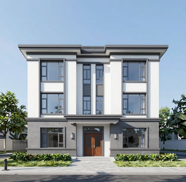 Completed commercial building with clean lines and large windows in daylight.