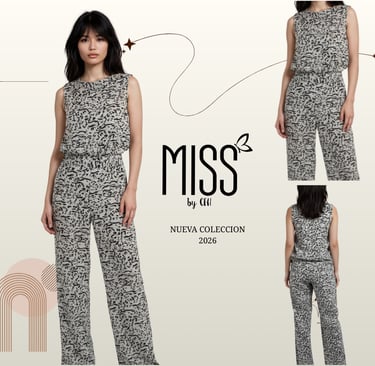 Model wearing a gray sleeveless printed jumpsuit from the Miss by CFH 2026 new collection.