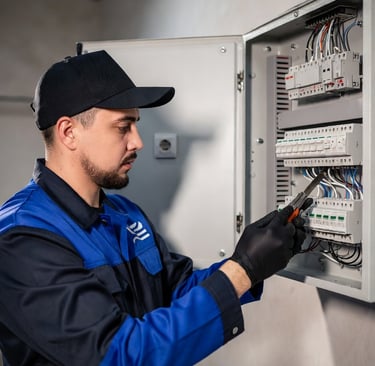 Técnico de mantenimiento de Valkiria realizando revisión eléctrica preventiva en un edificio