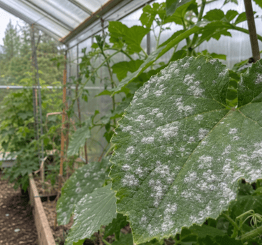 White powdery mildew fungus growing on green cucumber plant leaves inside a garden greenhouse.