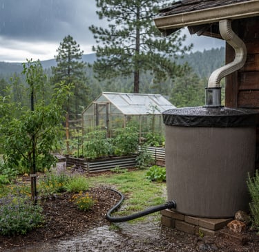 Rain barrel harvesting water from a gutter system in a lush vegetable garden with a greenhouse.