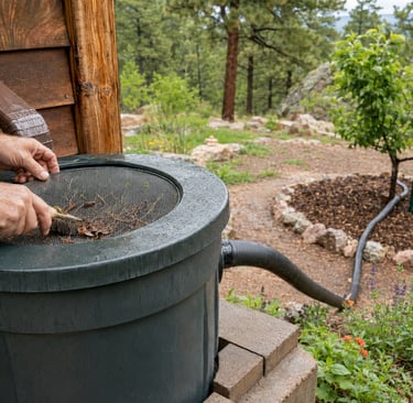 A person cleaning the filter screen of a green rain barrel system used for garden irrigation.