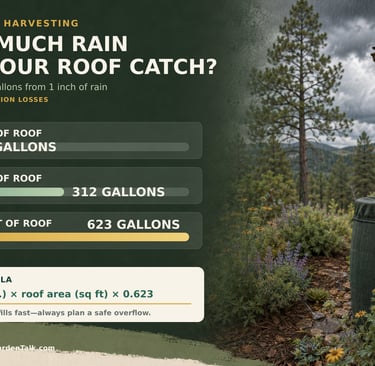 Infographic showing rainwater harvesting calculations and a rain barrel collecting water from a roof gutter.