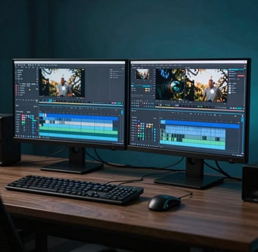 A professional video editing suite with dual monitors displaying a complex video timeline with muted sage and deep sea blue accents. The room is dimly lit with dark teal tones, creating a sophisticated and creative atmosphere.