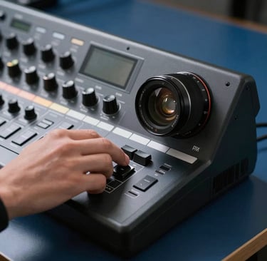 Close-up of a hand adjusting a professional color grading console. The equipment is sleek and black, set against a deep sea blue desk. Soft mist white light hits the metallic surfaces, emphasizing cutting-edge technology.