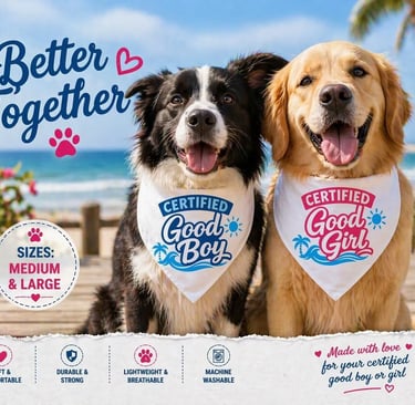 Golden Retriever and Border Collie wearing Certified Good Boy and Girl dog bandanas at the beach.