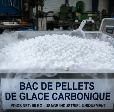 Industrial bin filled with smoking dry ice pellets for cryogenic cleaning in a workshop.