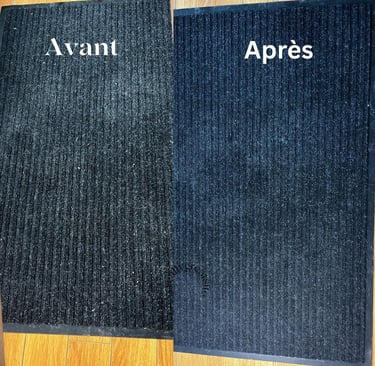 A before and after comparison of a deep cleaned black ribbed commercial entrance floor mat.