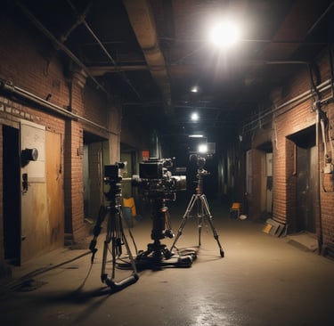 A candid photo of a director discussing a scene with actors on set.