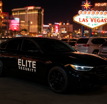 A professional security officer in a sleek black suit standing confidently against a dark cityscape at night.
