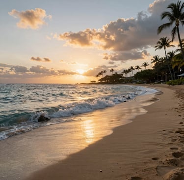 A serene sunrise over a quiet beach, inviting travelers to start their day with calm and inspiration.