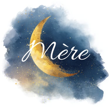 Crescent gold moon and stars logo on blue watercolor with Mère typography.