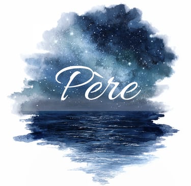 Watercolor painting of a starry night sky over the ocean with the word Pere in white script.