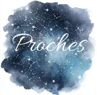 Watercolor celestial night sky illustration with stars, constellations, and the word Proches in cursive.