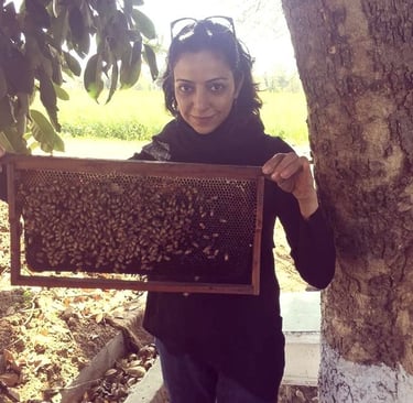 A female beekeeper holds a wooden frame covered in honeybees at an outdoor apiary.