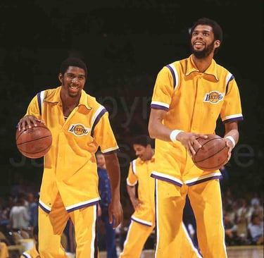 Magic Johnson and Kareem Abdul-Jabbar of the Los Angeles Lakers at the Forum in 1980 by James Drake