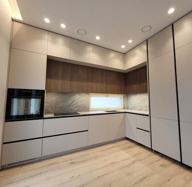 Bespoke Kitchen with  with a sleek Gola profile system, Front panels are fingerprint-resistant
