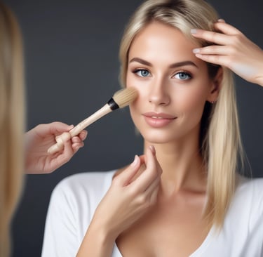 A close-up of a smiling woman applying clean, natural makeup in soft morning light.