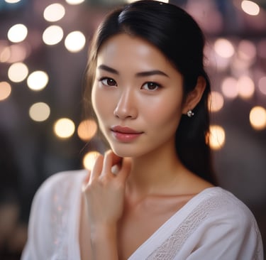 Hands holding a compact mirror reflecting a glowing, natural makeup look.