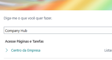 Microsoft Dynamics 365 Business Central interface showing the search feature for Company Hub and tasks.
