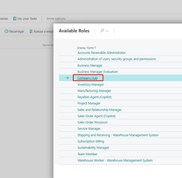 Microsoft Dynamics 365 Business Central interface showing the available roles selection menu with Company Hub highlighted.