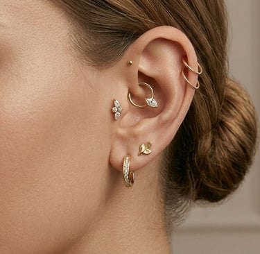 אוזן מעוצבת בסגנון יוקרתי עם עגילי חישוק מזהב, יהלום ותכשיטים בצורת עלים