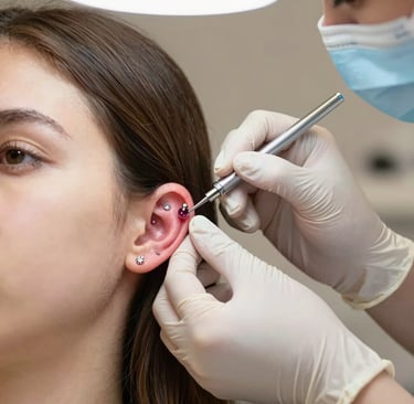 תקריב של פירסר עם כפפות מבצע פירסינג סחוס שטוח באוזן באמצעות מחט