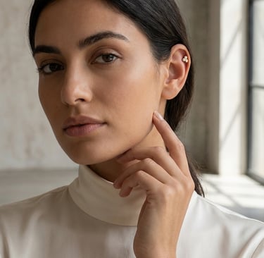 אישה עם עגיל סחוס מזהב עם שלושה אבנים בפירסינג בחלק העליון של האוזן