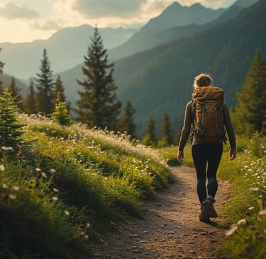 a person hiking down a path with a backpack