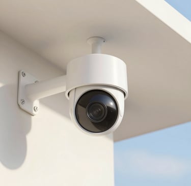A sleek security camera mounted discreetly on a modern home exterior at dusk.