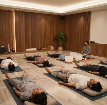 An adult participant immersed in a calming sound bath session, eyes closed in peaceful meditation