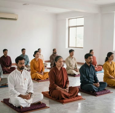 A youth group chanting mantras in unison during an outdoor session surrounded by nature