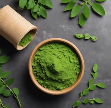 Close-up of vibrant green moringa and spinach powder in rustic bowls on a wooden table.