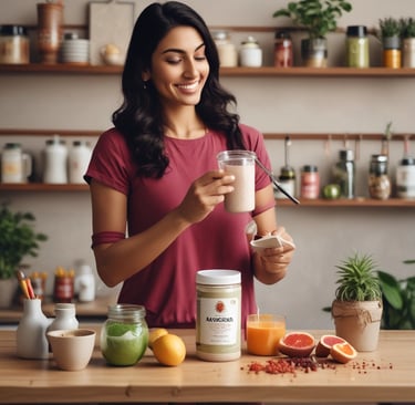 Fitness enthusiast adding a spoonful of ashwagandha powder into a smoothie at home.