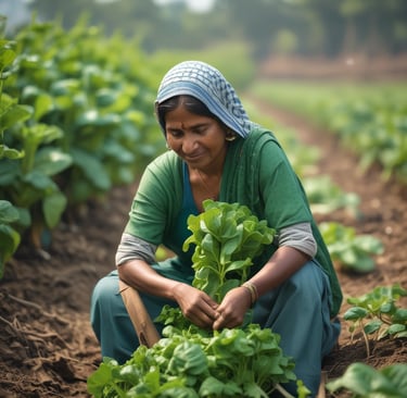 Sunlit farm fields in Andhra Pradesh with farmers carefully harvesting spinach leaves.