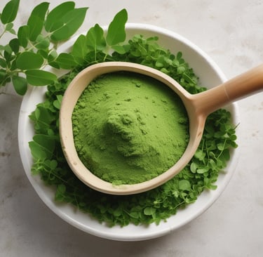 Close-up of vibrant moringa powder in a rustic wooden bowl surrounded by fresh moringa leaves.
