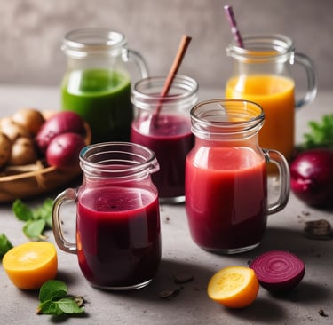 Colorful jars of beetroot, carrot, and amla powders neatly arranged on a wooden shelf.