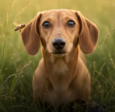 Perrita salchicha color canela observando una abeja en el campo, símbolo del ritual de las abejas en Outlander