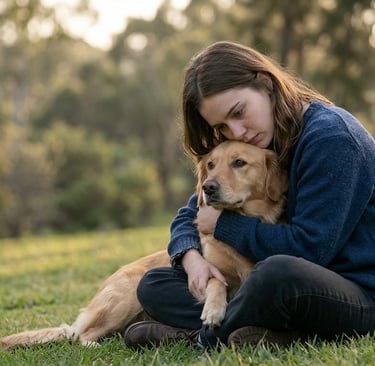 Persona abrazando a su perro en un momento emocional en un parque, representando el vínculo humano-animal