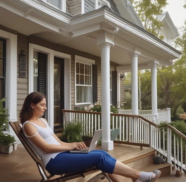 Homeowner relaxing on porch with laptop showing a Zillow 3D tour on screen.