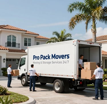 Professional moving truck parked outside a modern home with movers loading furniture.