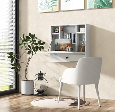 Folding Wall Table - Floating Desk with Storage Drawer & Shelves