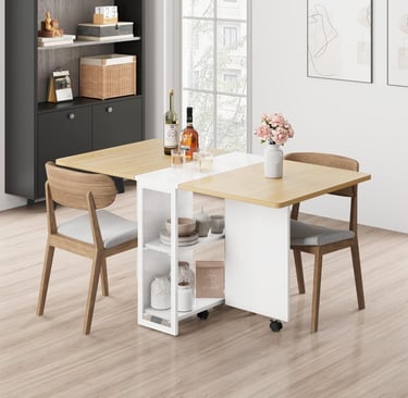 Folding Space Saving Farmhouse Dining Table, with 4 Storage Shelf, 6 Wheels